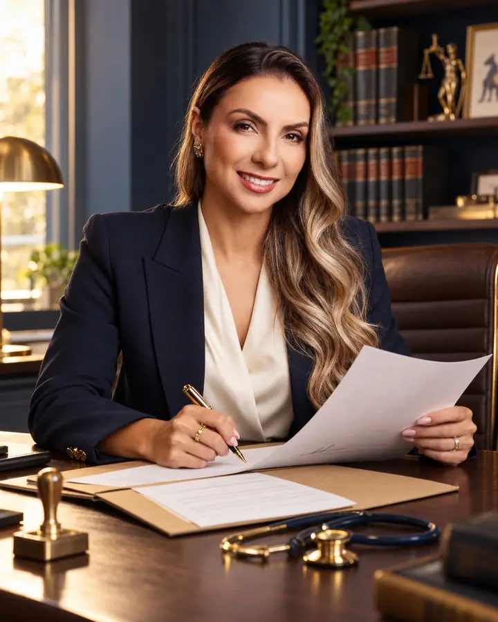 Dra. Erika Evangelista no escritório, com a pasta de termos sobre a mesa