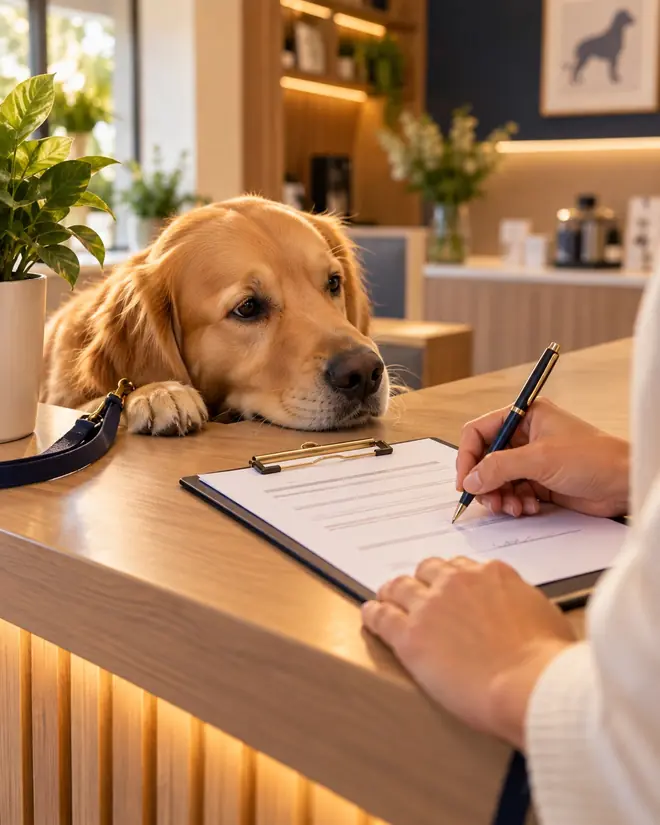 Tutor assinando o termo de consentimento no balcão da clínica, com o cachorro ao lado
